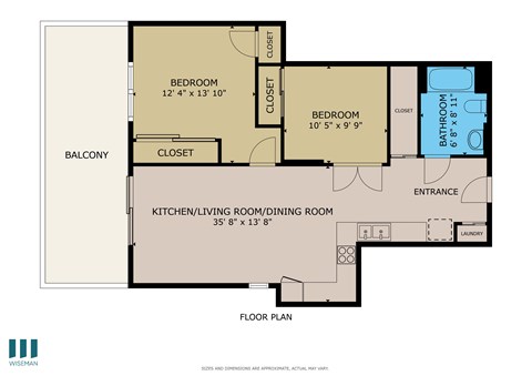 Floor plan for 2 beds, 1 bath, 828 sqft